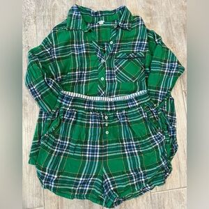 Aerie Green and Blue Plaid Shirt and Shorts pijama Set